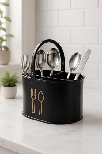 Image of D&G Homes Metal Cutlery Holder for Kitchen, Spoon Stand for Dining Table | Multi-Compartment Organizer | Rust-Resistant | Compact & Stylish | Kitchen & Dining Use| Easy to Clean| 17x12x10cm | Black