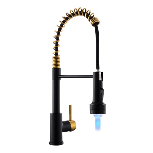 Image of GIMILI Black and Gold Kitchen Faucet with Pull Down Sprayer Single Hole Stainless Steel LED Faucet, Suitable for Farmhouses, RV, Laundry Room, Outdoor, and Campers. Llave para fregadero de cocina