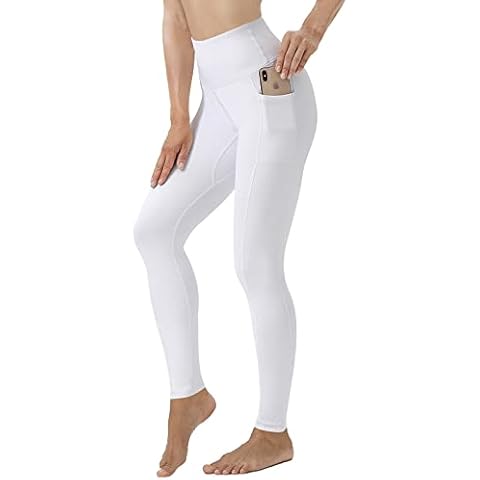 TYUIO Women's High Waist Yoga Pockets Stretch Running Workout Pants, White, Large Cover