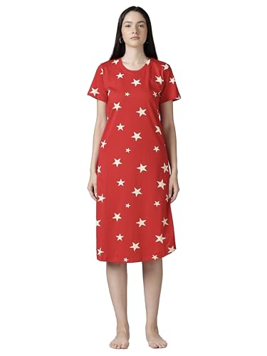 Image of 9shines Label Hosiery Cotton Knee Length Short Night Dress | Short Nighty for Women with Pocket | Graphic Print Nightwear | Night Gown for Women (M-7XL)