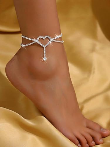Silver Ankle Bracelets for Women, Adjustable Rhinestone Pendant Tennis Anklet, Butterfly Heart Infinite Diamond Summer Beach Foot Chain Jewelry Gifts3
