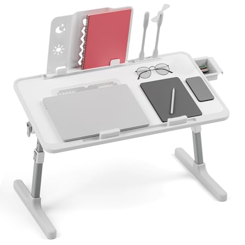 Escritorio plegable para laptop, mesa portátil con luz y ventilador, ángulo de altura ajustable, mesa para laptop, cama, sofá, desayuno, trabajo, estudio, lectura, color gris
