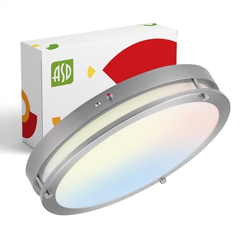 ASD LED 16" Round Flush Mount Lighting, Close to Ceiling Light Fixture | 3CCT, Dimmable, Battery Backup, ETL Listed | 24W 2116LM 3000-5000K 100-277V | Low Profile Double Ring Lamp | Nickel