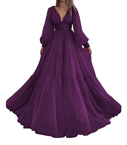 MARSEN Puffy Sleeve Prom Dresses Ball Gowns for Women Formal Tulle Long V Neck Evening Party Grape Size 28