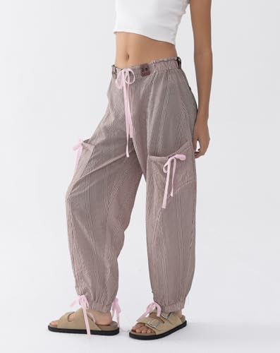 Women Striped Barrel Pants Drawstring Casual Baggy Boyfriend Y2K Streetwear Parachute Pants with Pockets4