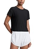 CRZ YOGA Cloudweight High Neck Workout Tops for Women Basic Athletic Lightweight Short Sleeve Shirts Loose Running T-Shirt Black Medium