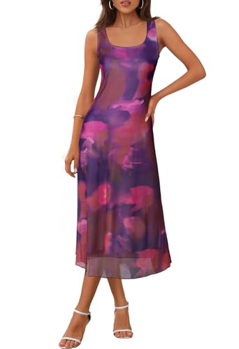 MEROKEETY Women's 2025 Summer Tie Dye Midi Dress Sleeveless Casual Stretchy Mesh Boho Beach Sundress, Plum, Medium