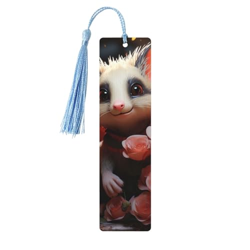 タッセル付き木製しおり ヴィンテージ木製ブックマーク 漫画オポッサムとバラ ファンシー ハンドメイド クラフトブックマーク 読書ページマーカー 木製ハンギングタグ オーナメント 本好き向け