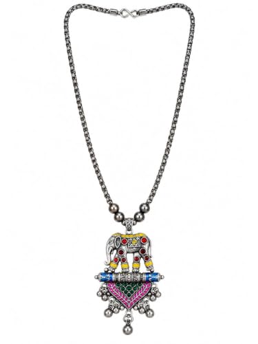 Oxidised Silver Elephant Pendant Necklace with Meenakari Work