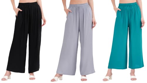 Image of Buy That Trendz Palazzo Pants for Women Rayon Elasticated Regular Fit Flared Wide Leg M to 6XL Pack of 3