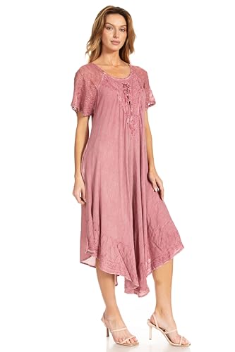 Image of Sakkas Egan Long Embroidered Caftan Dress /Cover Up with Embroidered Cap Sleeves