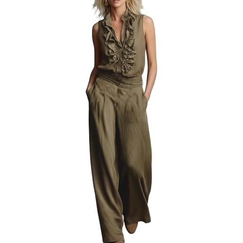Conjunto de pantalones de pierna ancha en mezcla de lino ideal para paseos y vacaciones