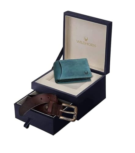 WildHorn Geschenkkorb für Herren, Ledergeldbörse und Gürtel, Kombi-Geschenk-Set, Geschenk für Freund, Ehemann, Vater, Sohn usw, Blau, standard, Zeitgenössisch