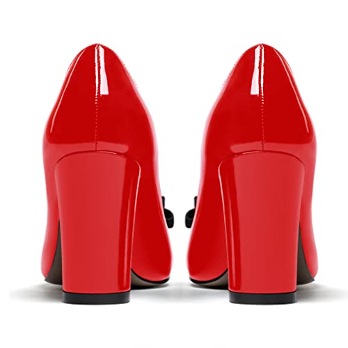 MODENCOCO Women's Bow Slip On Pointed Toe Patent Block High Heel Pumps Evening Party Dress Shoes 3.5 Inch4