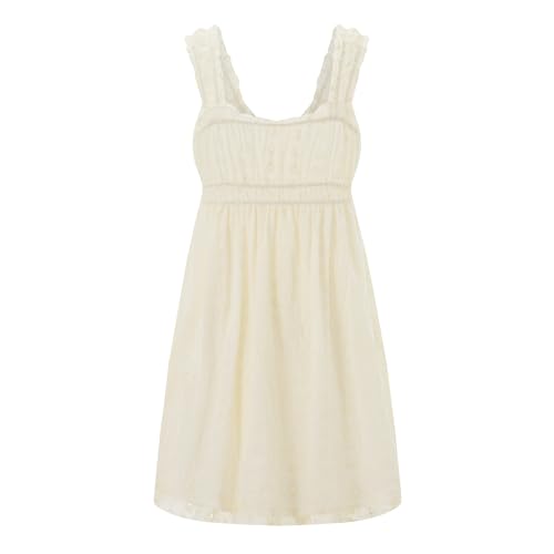 Image of Women Square Neck Mini Dress Summer Sleeveless Floral Embroidery Frill Hem A-line Dress
