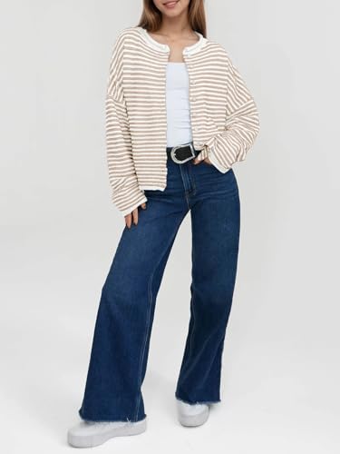 Image of Saodimallsu Womens Striped Cardigan Casual Long Sleeve Open Front Button Down Loose Knit Lightweight Fall Sweaters