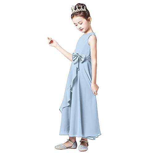 Little Junior Girl Long Bridesmaid Dress Baby Blue Wedding Flower Girls Formal Pageant Party Dresses Chiffon Sleeveless Baby Blue-8 #TOP4