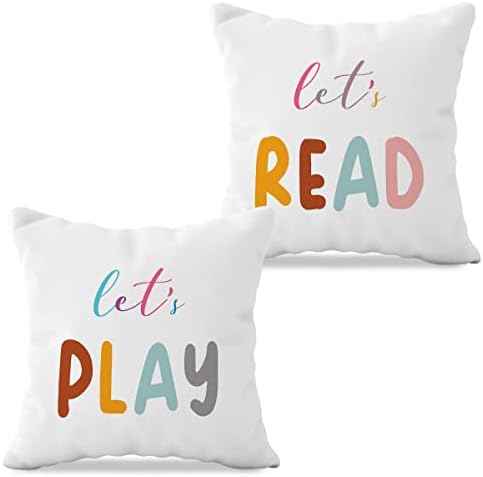 QODUNG Let's Play Let's Read Throw Pillow Cover,Book Themed Pillow Case Cushion Cover for Book Club Reading Room Boys Girls Room Kids Room Playroom Nursery,Gifts for Teens Kids,18x18 Inch Set of 2
