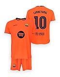 CONJUNTO OFICIAL FC BARCELONA: Kit réplica oficial de la tercera equipación temporada 25/26 con el nombre de Lamine Yamal, incluye camiseta y pantalón en color naranja para niños de 12 años.