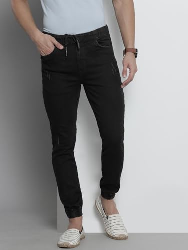Image of The Indian Garage Co Men Slim Fit Solid Mid-Rise Stretchable Denim Joggers
