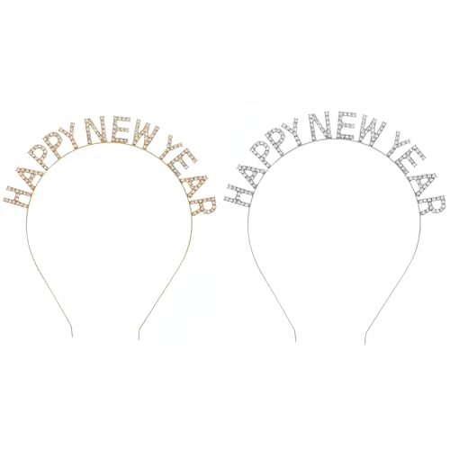 Minkissy 2PCS Happy New Year Headband Rhinestone Headband Tiara 2026 New Year Eve Hair Hoop Headdress for Women Girls Christmas Decoration Party Favors (Golden + Sliver)