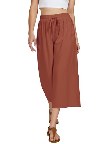 VUTRU Womens Lightweight Pants Wide Leg Casual Elastic Waist with Pockets Beach Lounge Trousers for Work Travel Vacation, Rust Red S — view 4