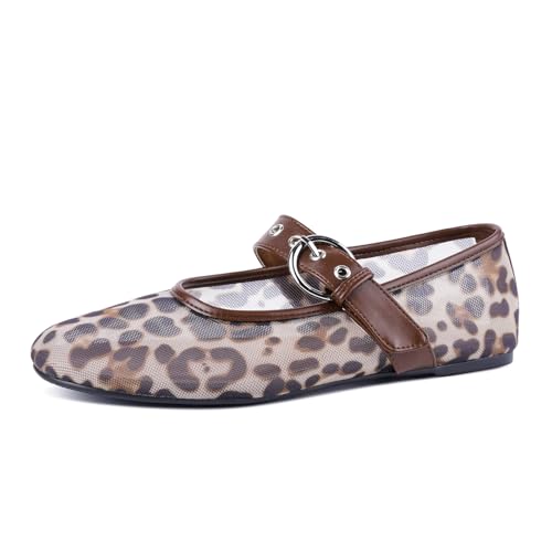 Leopard Mesh Flats for Women Round Toe Mary Jane Ballet Flats Buckle Strap Slip On Casual Breathable Ballerina Shoes