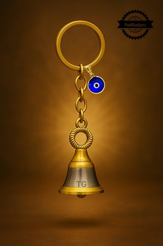 Image of TrollGadgets Premium Guardian Bell Keychain for Bike & Car | Tibetan Texture Bell Keychain with Evil Eye & Silver Hook | Good Luck Charm with Laser-Engraved Box And Potley