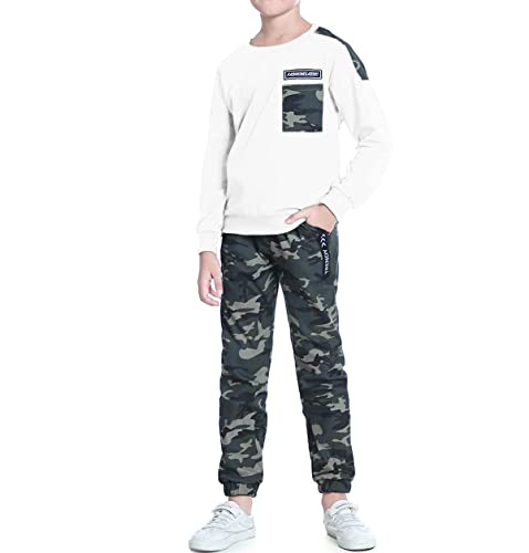 Lolanta Boys Clothes Casual Camouflage 2 Piece Outfits Kids Long Sleeve Sweatshirt Pants Sets Tracksuit(White,12-14) #TOP25