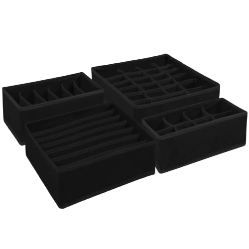 4-Teiliges Schubladen Ordnungssystem - Faltbarer Kleiderschrank Organizer ,Aufbewahrungsboxen für Unterwäsche, Unterwäsche Organizer Schublade - für Babykleidung, Socken, Krawatten - Schwarz Cover