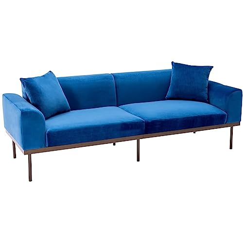 Modern Velvet Sofa With Metal Legs, 2 Seater Couch For Small Space, 2 Throw Pillows, Sofa For Bedroon, Living Room, Apartment,Blue #TOP13