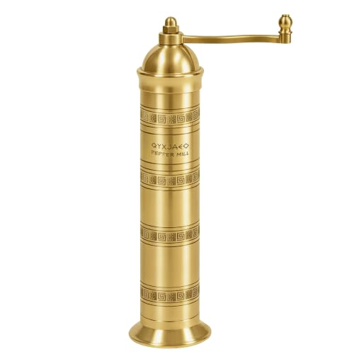 QYXJAEO Brass Pepper Mill, 9 Inch Gold Manual Grinder with Crank Handle