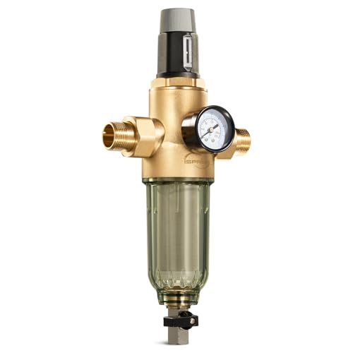 iSpring WSP50PRG Filtro de Sedimentos de 3/4''-1'' con Reductor de Presión, Filtro de Agua Reutilizable para Toda la Casa, Latón sin Plomo, Prefiltro de Filtración de 50 Micras
