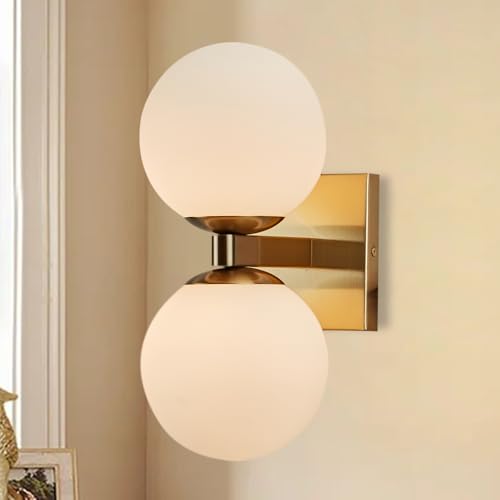 Globe Shade Brass Finish Accents Double Light Sconce, Steel Frame,