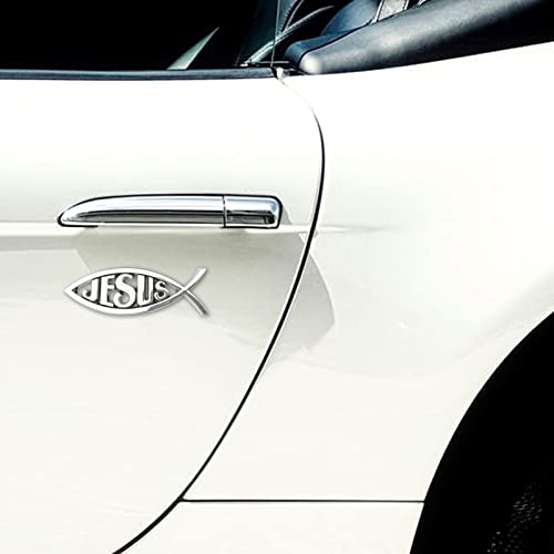 Image of Christian Jesus Fish Car Emblem - Chrome Silver Symbol Fish Emblem for Car Truck Badge Bumper Stickers