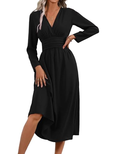LIAMERHE Robe Hiver Femme Élégante Col en V Manches Longues Robes Casual Taille Haute Ligne A Robe Longue Robes de Mariage Décontractée Noir M