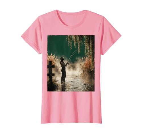 Woman Fishing at Misty Country Creek Illustration T-Shirt, Women, Pink, X-Small