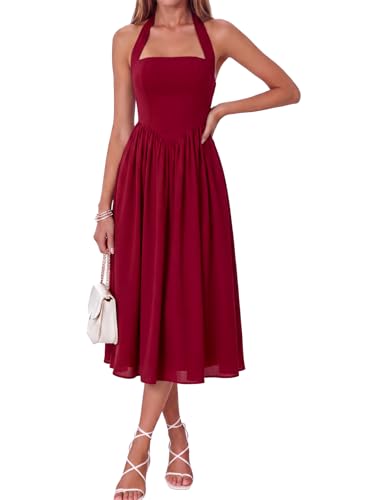 Image of Parthea Women's Floral Halter Corset Midi Dress 2026 Elegant Smocked Flowy Wedding Guest Dresses with Pockets