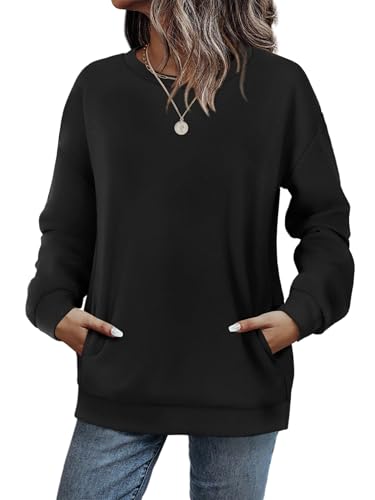 WIHOLL Sweatshirts for Women Jumpers Ladies Oversized Tops Crewneck Long Sleeve Tops with Pocket Black Size 10-12