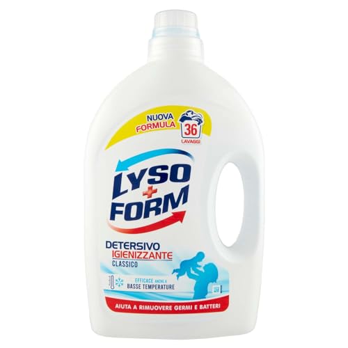 Lysoform, Detergente desinfectante clásico, detergente líquido para lavadora para una limpieza profunda y limpia segura, ropa blanca brillante, fragancia clásica, paquete de 36 lavados