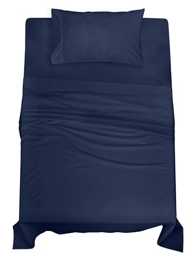 Image of ROYALE LINENS 100% Organic Cotton Twin Sheet Set - Percale Weave - 3 Pieces Set - 1 Flat, 1 Deep Pocket Fitted Sheet and 1 Pillowcases - Navy Bed Sheets - Sabanas Twin - Crisp Cool (Navy)
