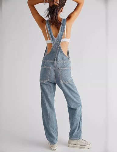 Vanchenl Damen Casual Denim Jean Overalls Lose Verstellbare Träger Baggy Latzhose Bib Romper Jumpsuit Harem Hosen Hellblau M