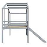 Merax Kinderbett 90×200 cm, Hochbett aus Massivholz, im Haus-Design mit Rutsche, Graffiti-Tafel, Multifunktionsbett, Einzelbett, platzsparendes Spielbett für Kinderzimmer, Grau (ohne Matratze)
