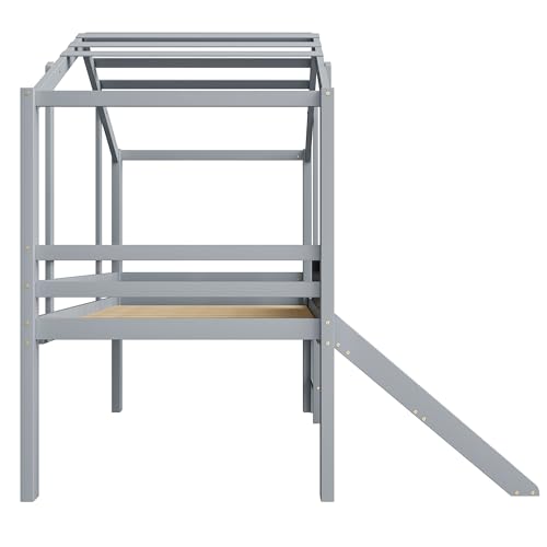 Merax Kinderbett 90×200 cm, Hochbett aus Massivholz, im Haus-Design mit Rutsche, Graffiti-Tafel, Multifunktionsbett, Einzelbett, platzsparendes Spielbett für Kinderzimmer, Grau (ohne Matratze)
