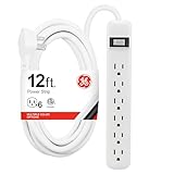 GE 6-Outlet Power Strip, 12 Ft Extension Cord, Flat Plug, Grounded, Integrated Circuit Breaker, 3-Prong, Wall Mount, ETL Listed, White, 45195