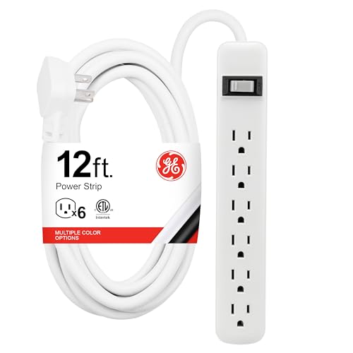 GE 6-Outlet Power Strip, 12 Ft Extension Cord, Flat Plug, Grounded, Integrated Circuit Breaker, 3-Prong, Wall Mount, ETL Listed, White, 45195