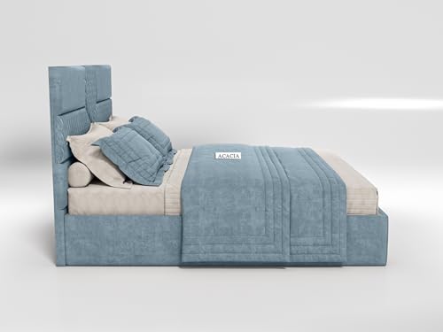 Image of Acacia Modern Upholstered King Size Bed with Box Storage for Bedroom | Wooden Double Bed with Storage | Platform Cot Bed with Upholstery Premium Fabric | 6.5 x 6 Ft | Sheesham Wood (Light Blue)