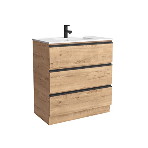 Mueble baño 100 cm 100% montado de fábrica con Lavabo | Modelo Kilimanjaro Roble Ostippo 3 cajones con 3 tiradores incluidos cromado y negro | Lavabo Porcelana blanca Cover