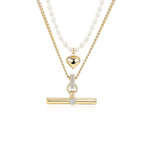 Image of Jeulia Layered Necklaces for Women Trendy Retro T Bar Pendant Pearl Necklaces Stack Trendy Pendant Necklaces Dainty Chain Choker Necklaces for Jewelry Birthday Gifts