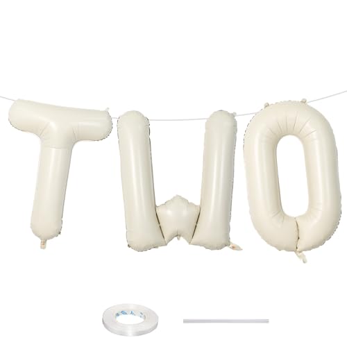 Image of 40 Inch Beige Letter Balloon, Cream White Sand Alphabet With Ribbon for 2 Year Old Birthday, Second Anniversary Party Decorations - Neutral Ivory for Kids, Boys, Girls